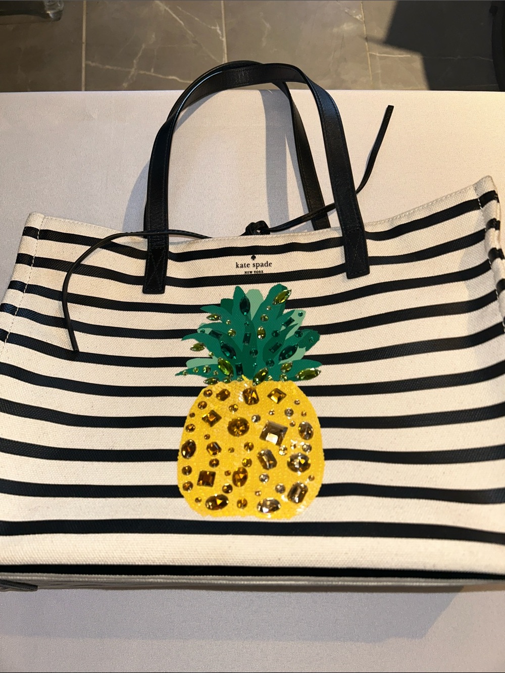 Kate Spade Black & Cream Striped Tote with Yellow & Green Jeweled Pineapple EUC